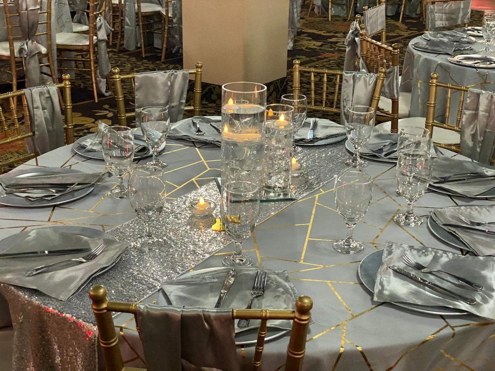Linens, chargers and Chiavari chairs